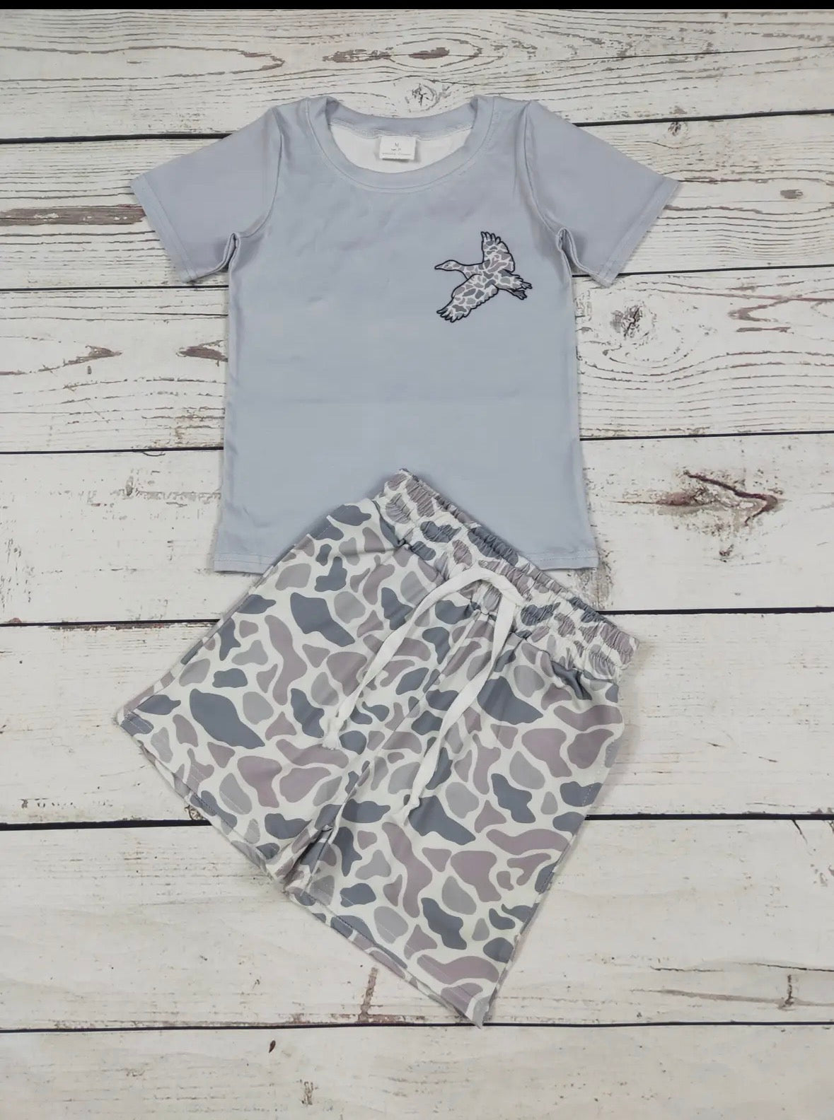Boys Duck Camo Printed Shorts And T-shirt
