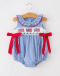 Girls 4th of July Plaid Romper Embroidered Smock