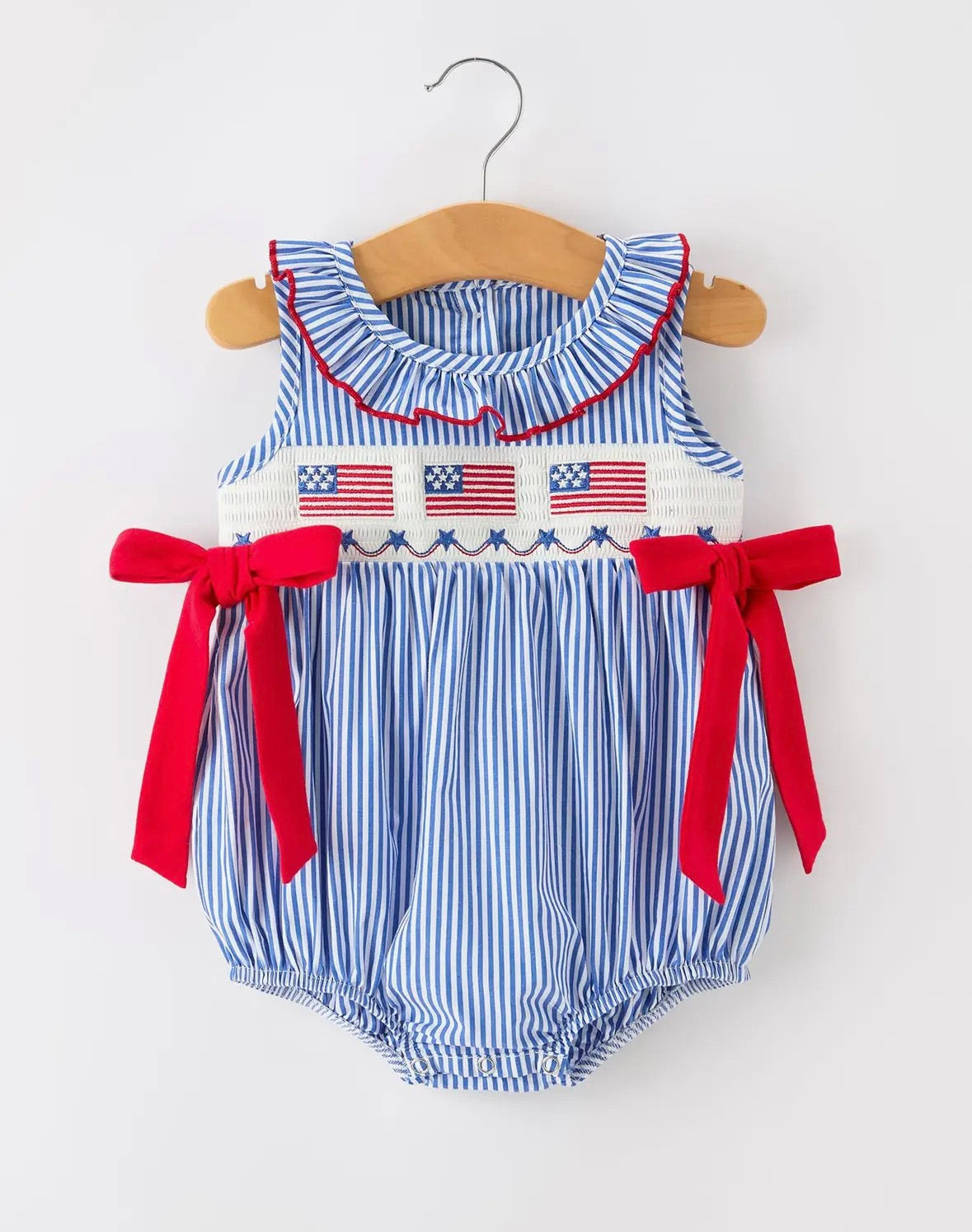 Girls 4th of July Plaid Romper Embroidered Smock