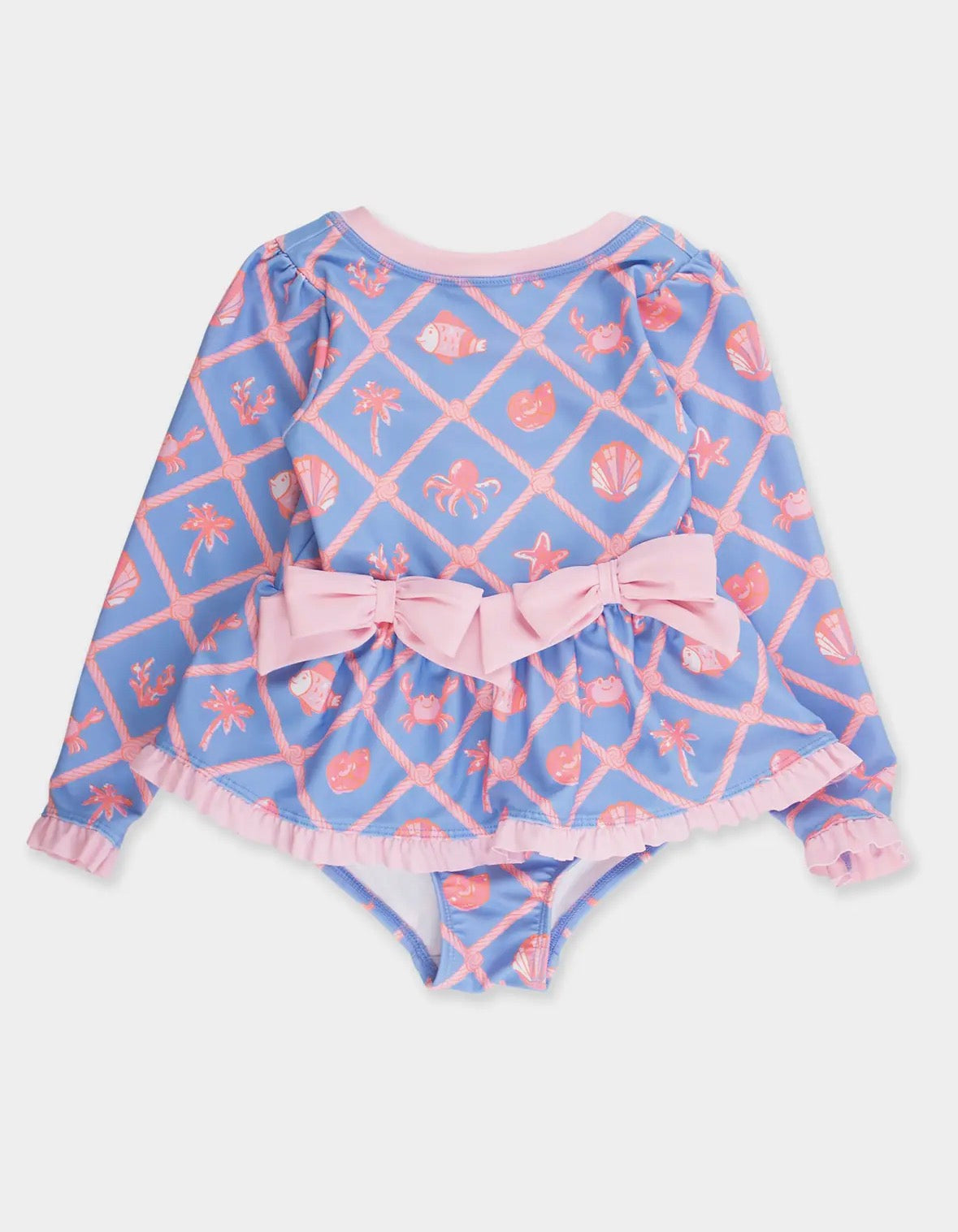 Girls Tropical Trellis Long Sleeve One Piece Bow Bathing Suite