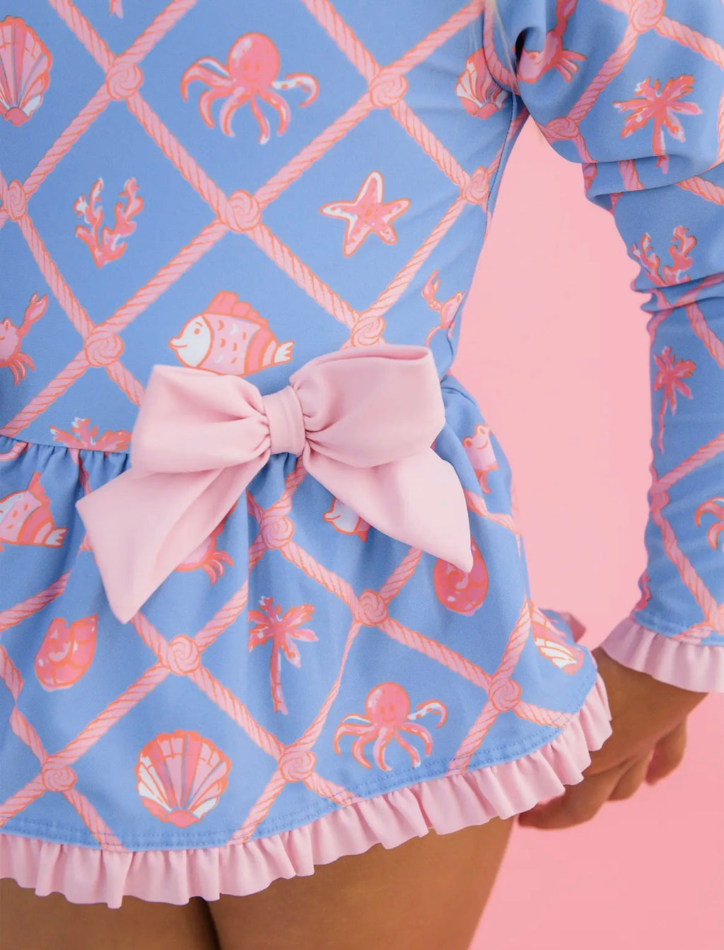 Girls Tropical Trellis Long Sleeve One Piece Bow Bathing Suite