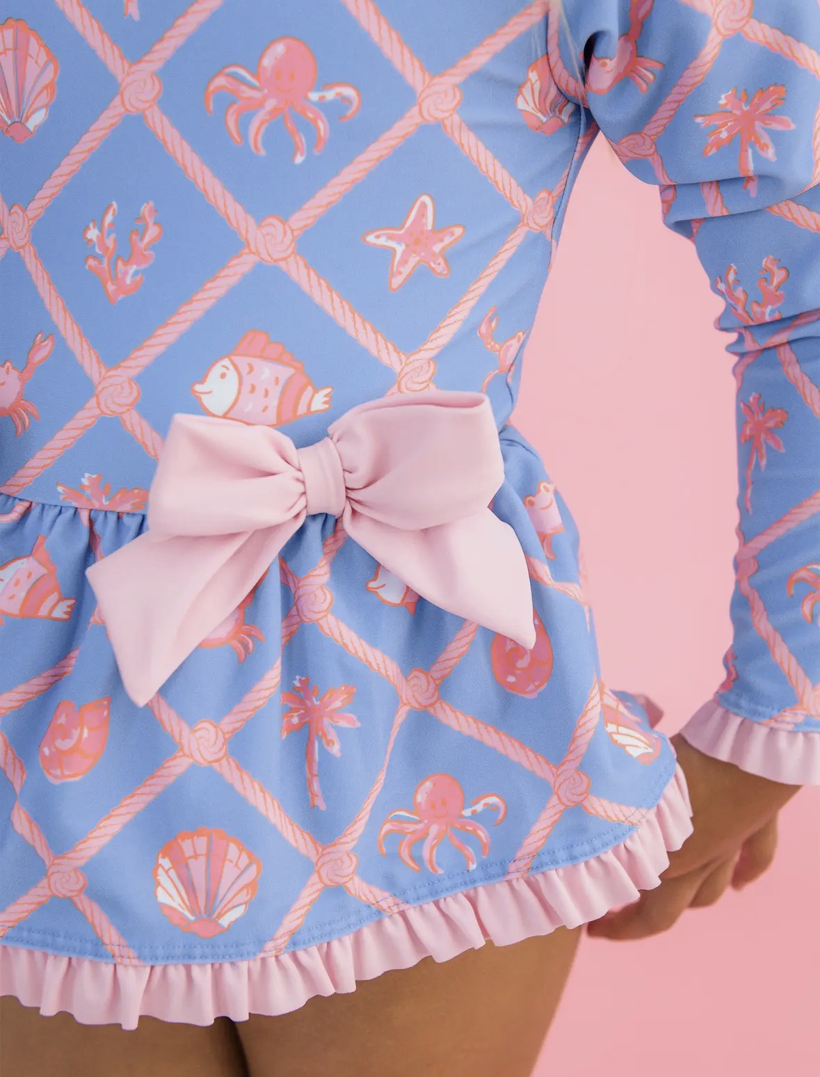 Girls Tropical Trellis Long Sleeve One Piece Bow Bathing Suite