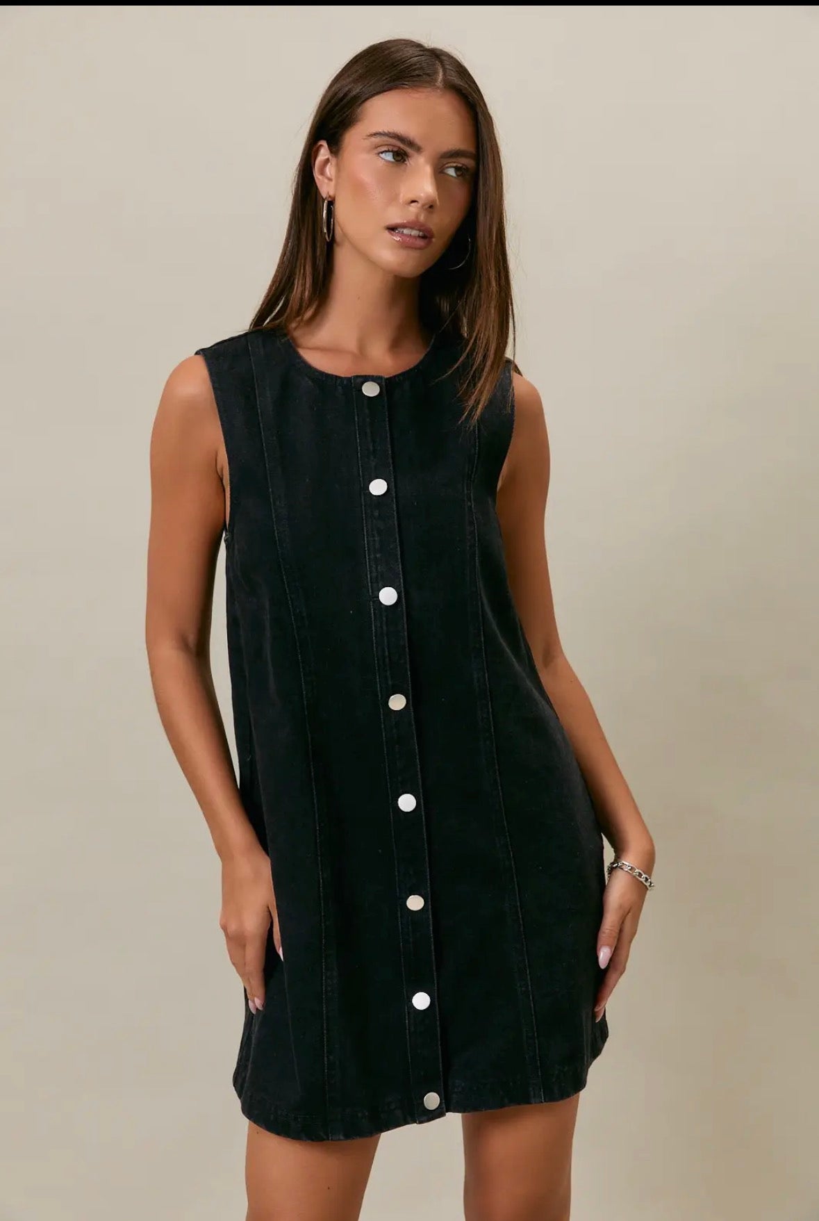Sleeveless Round Neck Button Down Denim Mini Dress