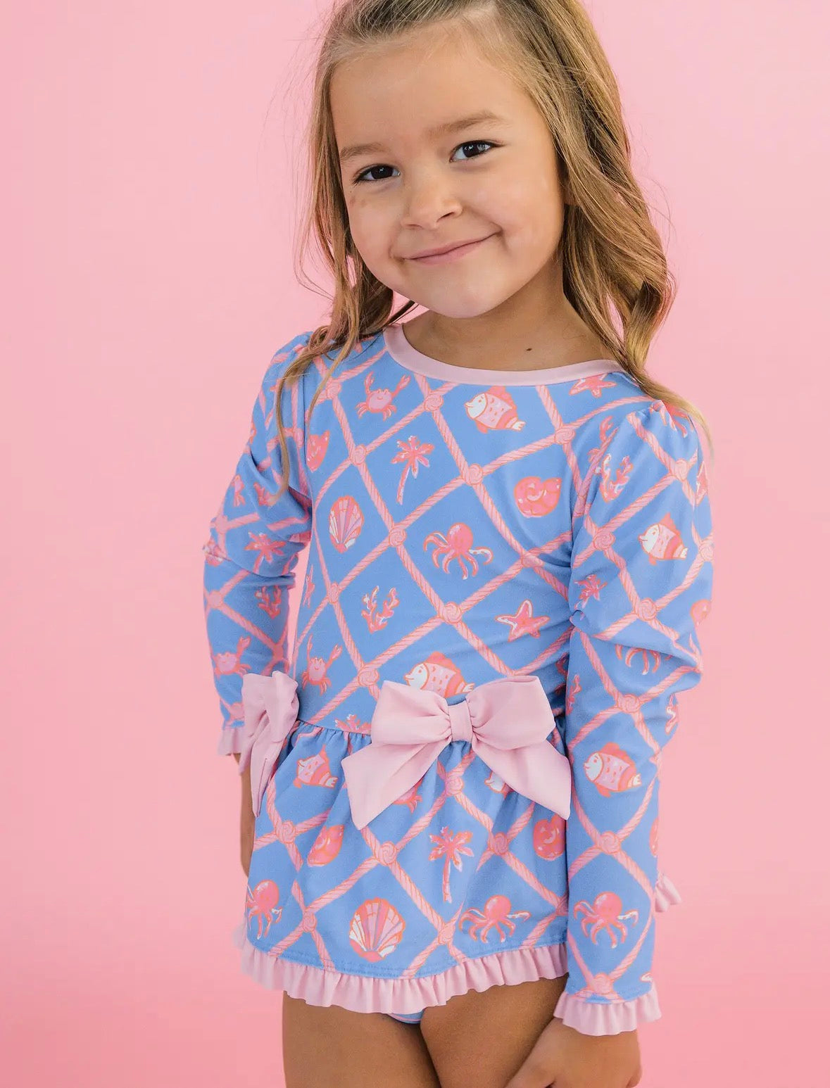 Girls Tropical Trellis Long Sleeve One Piece Bow Bathing Suite