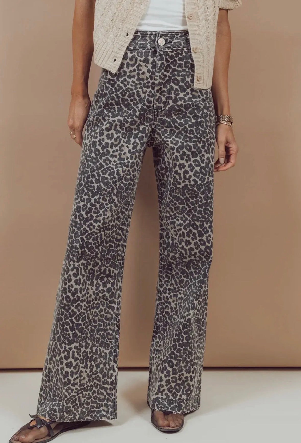 Black Leopard Print Wide Leg High Waisted Jeans