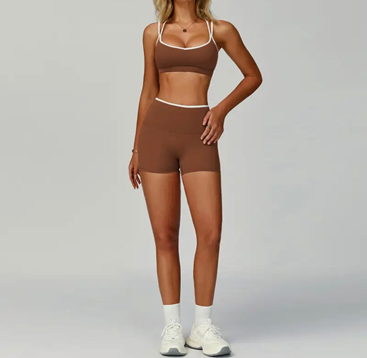 Contrasting Color Sport Bra + High Waisted Shorts Set