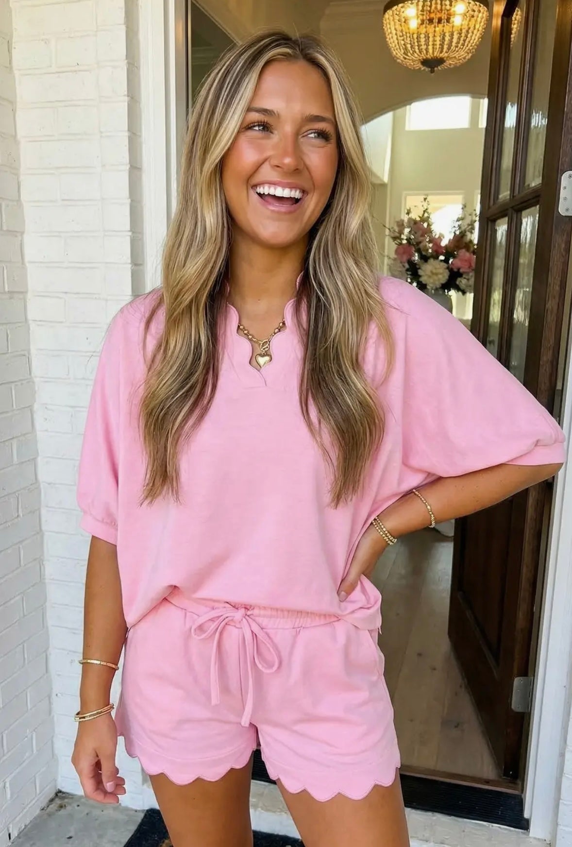 Las Scalloped Oversized Top Drawstring Shorts Matching Set