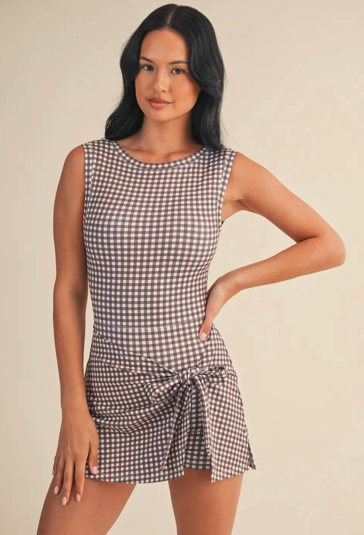 Gingham Print Sleeveless Wrap Tie Front Dress