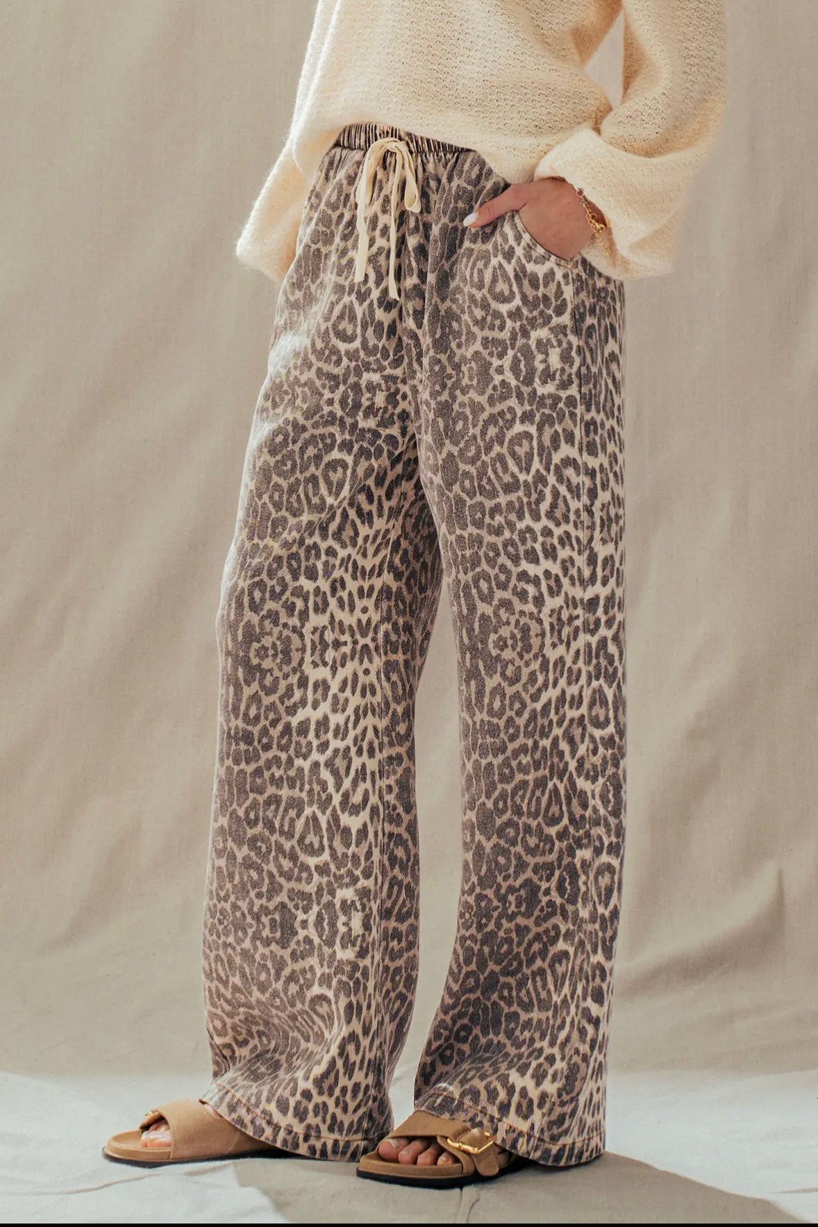 Leopard Print Wide Leg Cotton Pants Drawstring