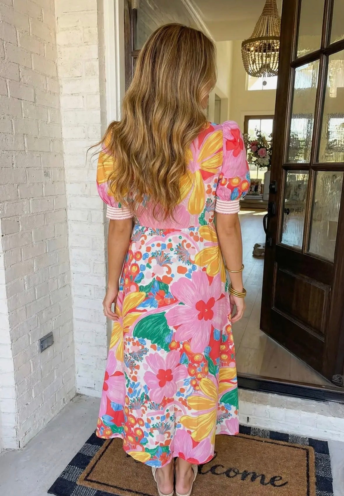 Las Floral Stripped Trim Button Down Dress