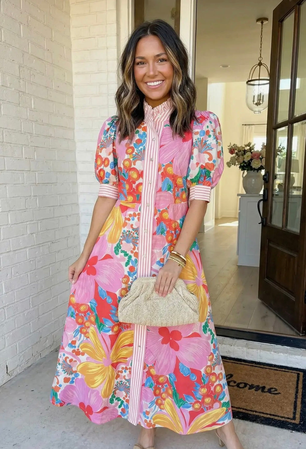 Las Floral Stripped Trim Button Down Dress