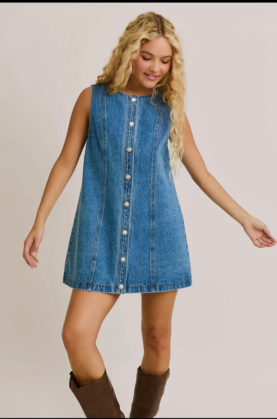 Sleeveless Round Neck Button Down Denim Mini Dress