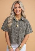 Leopard Denim Short Sleeve Blouse Cropped Shirt